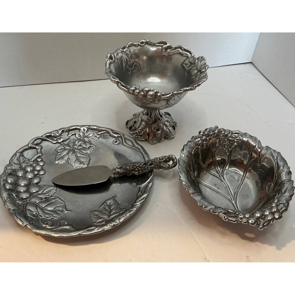 Arthur Court Vintage Grape Leaf Serving Bowl‎ Platter Cheese Server 4pc Silver